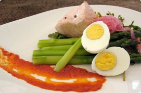 Asparagus, Egg & Arugula Salad w/ Cold Poached Salmon