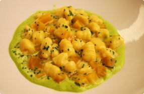 Potato Gnocchi w/ Golden Beets, Gorgonzola & Pistachio Pea Puree